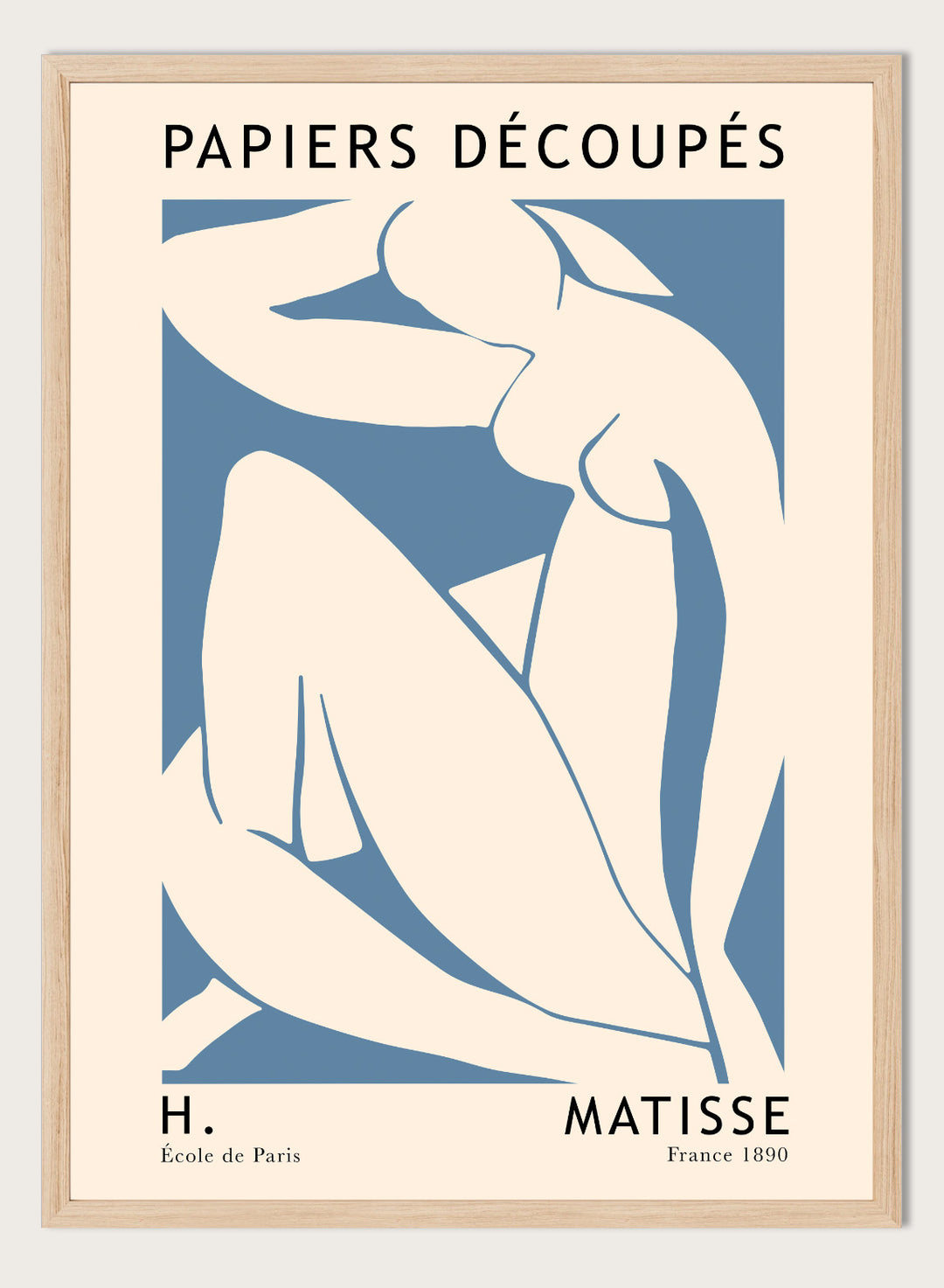 Inspired by Henri Matisse's Artwork The Blue Nudes II 1952, this lithograph wall art print showcases illustration of sitting nude figure against blue background. Featuring abstract graphics and text, this Papiers Découpés vintage exhibition poster by MoMa is perfect for any boho, eclectic, retro, or minimalist space.