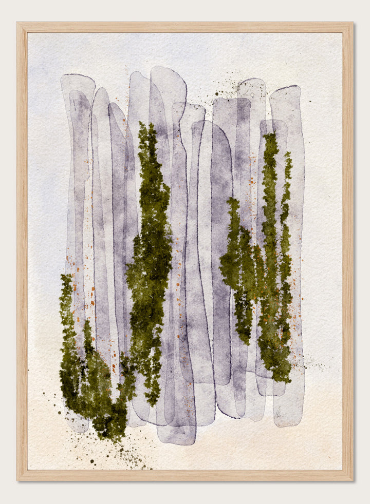 Shop Mossy Forest Abstract by Ankie Kooi, an abstract forest wall art print poster with watercolor trees, woodland art, green, purple, and cream.