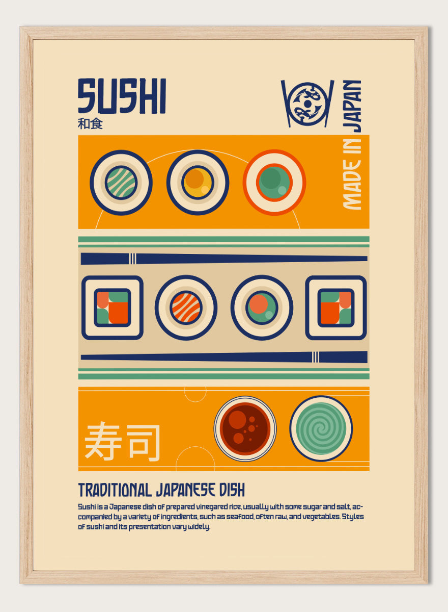 A retro-style graphic poster of Sushi, featuring Japanese-inspired geometric patterns, sushi illustrations, and descriptive text on a beige background. Sushi Japanese Food Print by Retrodrome retro kitchen art featuring sushi rolls, soy sauce, geometric shapes, and bold Japanese-inspired graphic design.