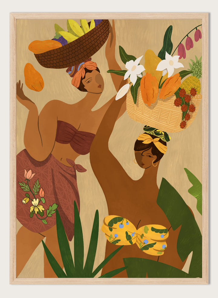 A stylized art print depicting two women in tropical attire carrying baskets of fruit and flowers, framed by green leaves on a warm beige background. Opps Papaya by Arty Guava premium framed fine art print featuring two women carrying baskets of tropical fruit in rich, warm colors.