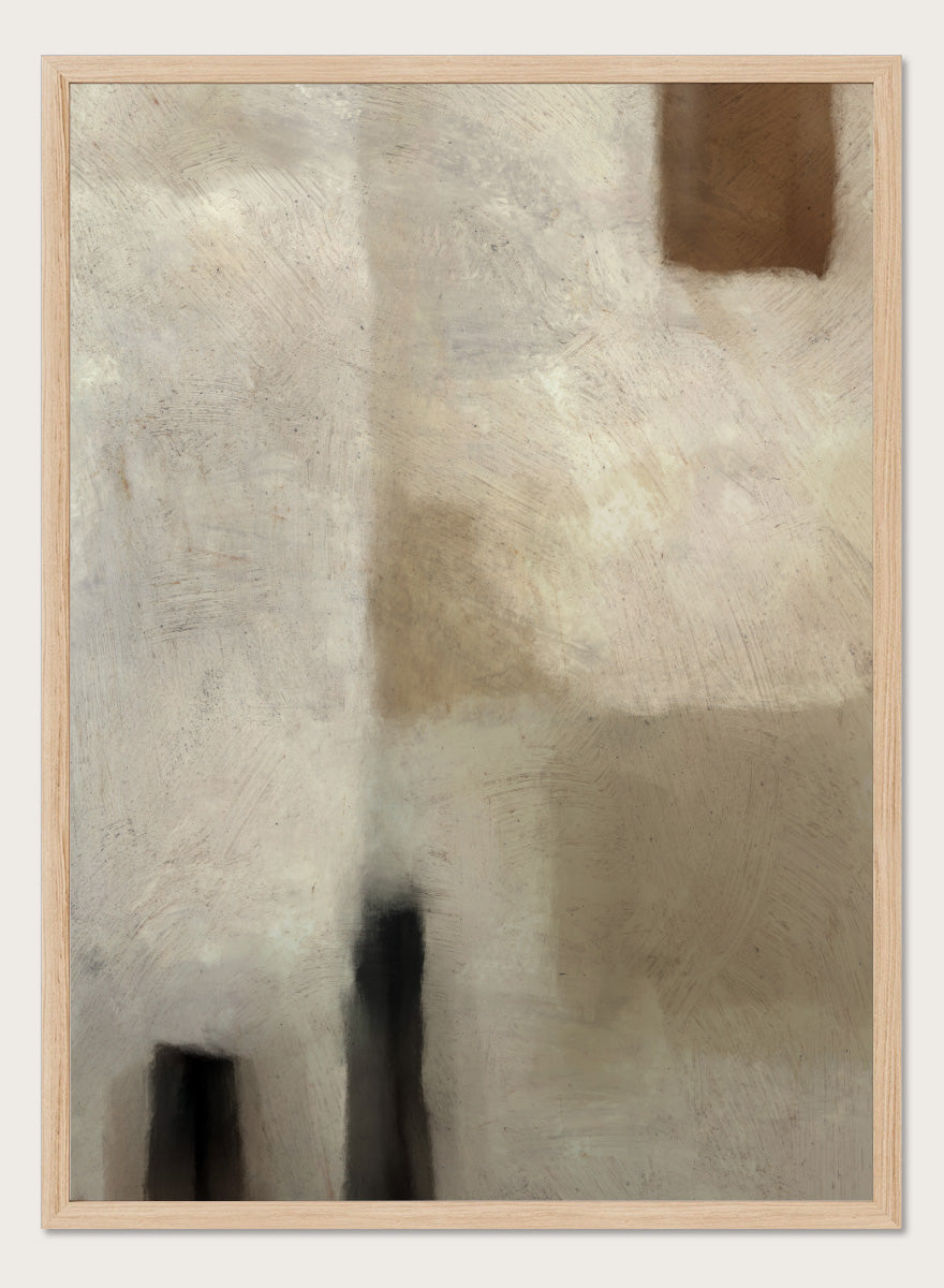 An abstract painting featuring textured blocks of warm beige, cream, and brown, with dark charcoal-like vertical shapes near the bottom and a small brown block in the upper right corner. Shop Brumea by Dan Hobday, a neutral abstract art print featuring soft layered forms, brushed texture, muted earthy tones, and a modern minimalist feel.