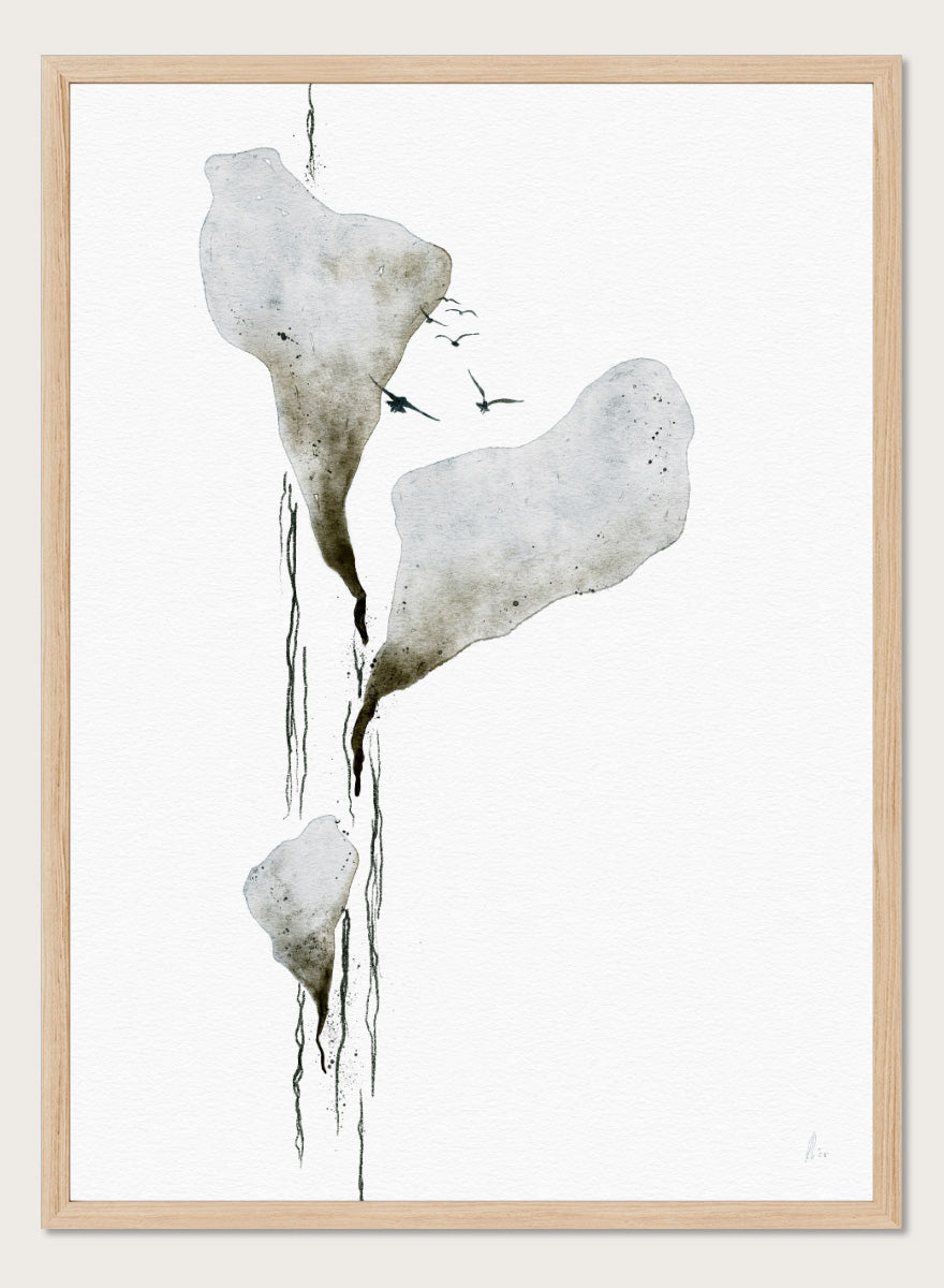 Abstract watercolor art print featuring three irregular, dripping white and gray forms on a white background, with small dark birds near the top. Shop Melting Ice And Birds by Ankie Kooi, a nature wall art print poster with abstract watercolor ice, flying birds, minimalist landscape art, blue, gray, and cream.