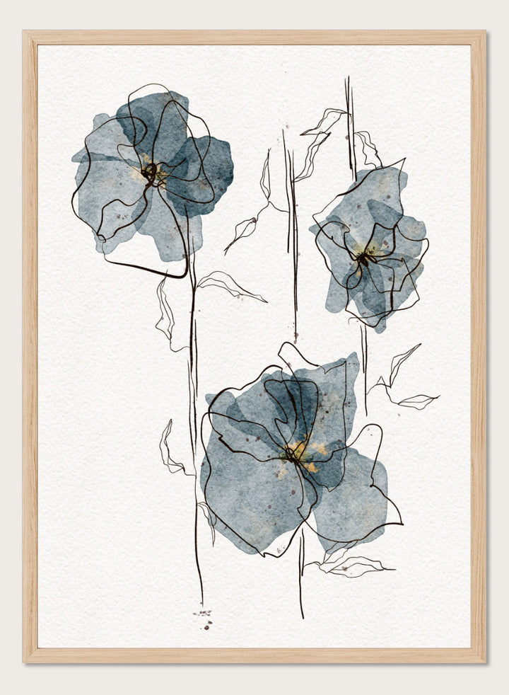 A framed watercolor and ink floral art print featuring three blue-gray flowers with black sketch lines on a white textured background. Shop Delicate Blue Blooms by Ankie Kooi, a modern floral wall art print poster featuring abstract watercolor flowers, botanical line art, blue, cream, and black.