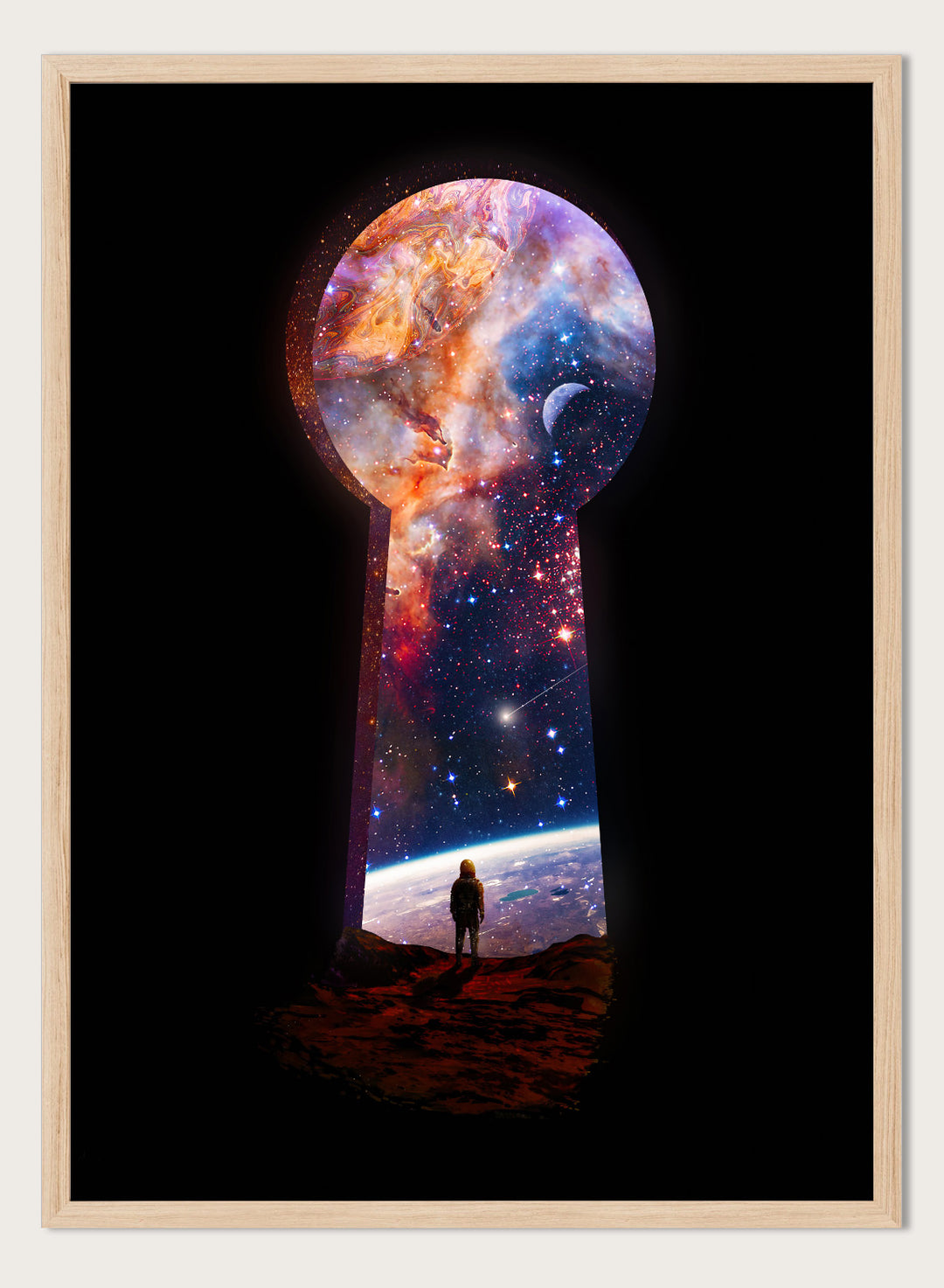 Keyhole-shaped portal to space with a silhouette of a person looking into it. The Cosmic Keyhole by Nicebleed is a surreal space art print featuring an astronaut looking through a cosmic keyhole, modern aesthetic wall poster.