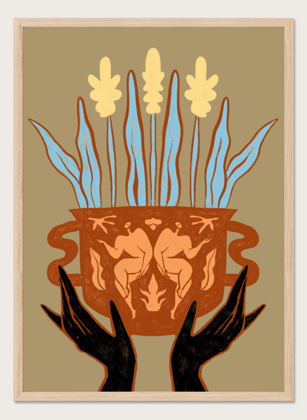 Decorative illustration of a vase with floral design and hands holding it, on a beige background. Vessel Collection: Growth by Arty Guava art print, modern vase wall poster with botanical illustration, contemporary minimalist line artwork.