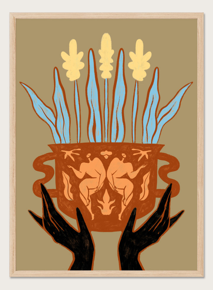 Decorative illustration of a vase with floral design and hands holding it, on a beige background. Vessel Collection: Growth by Arty Guava art print, modern vase wall poster with botanical illustration, contemporary minimalist line artwork.