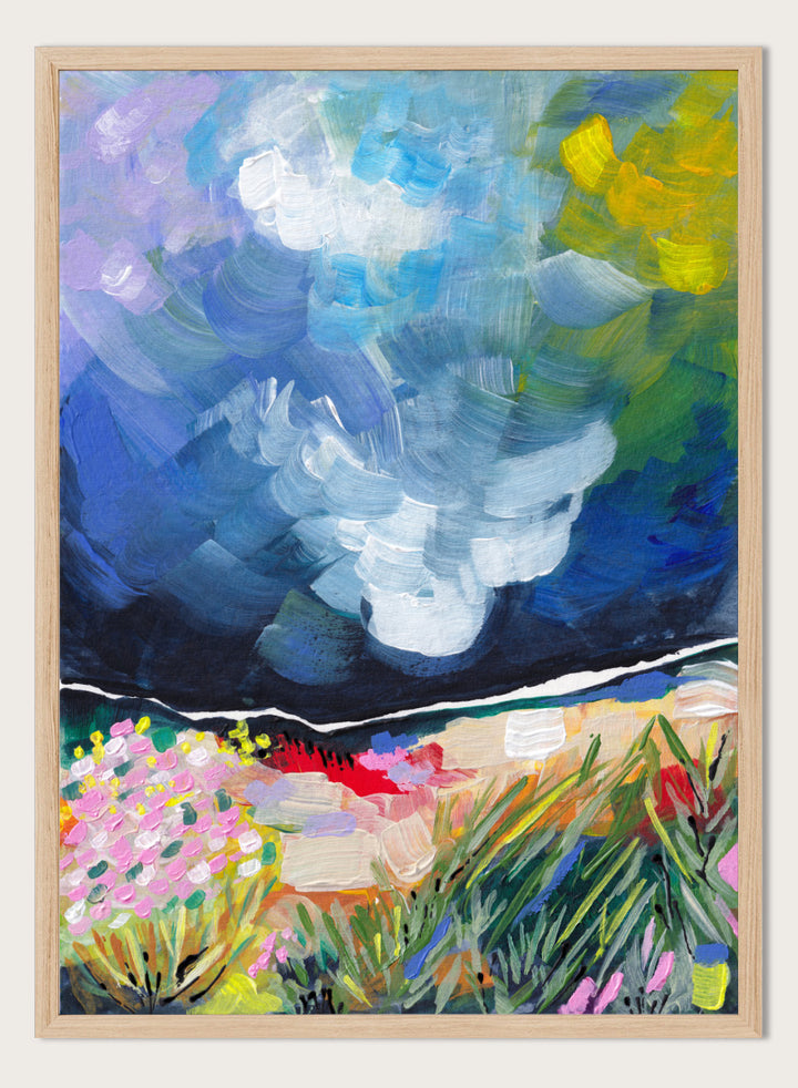 An expressive landscape painting featuring a dark blue stormy sky with swirling brushstrokes and a foreground of green grasses, pink flowers, and yellow-green foliage. Shop Vibrant Abstract Field Sky by Dirkie Nell, a colorful abstract landscape art print featuring wildflowers, open fields, and a dramatic blue sky.