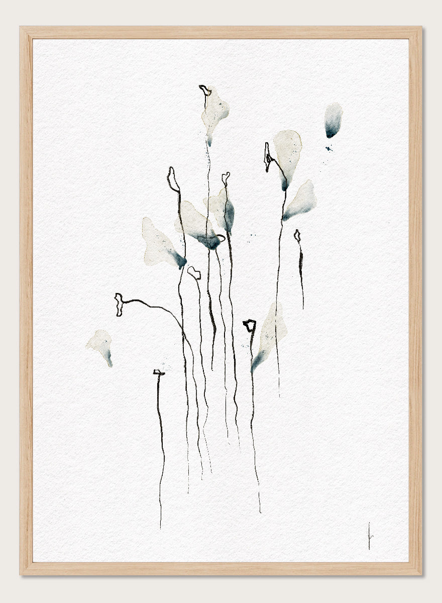 Minimalist watercolor floral art print featuring delicate calla lily-like stems and leaves in soft gray-green and black on textured white paper. Shop Delicate Abstract Flowers by Ankie Kooi, a modern floral wall art print poster with minimalist line art, abstract botanicals, soft blue, and green tones.