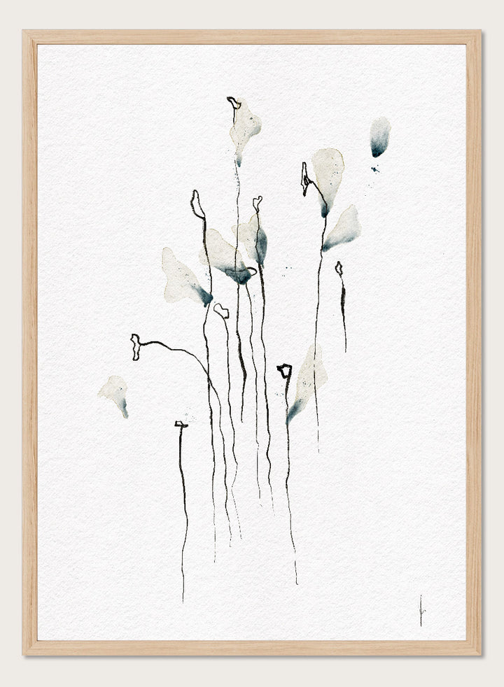 Minimalist watercolor floral art print featuring delicate calla lily-like stems and leaves in soft gray-green and black on textured white paper. Shop Delicate Abstract Flowers by Ankie Kooi, a modern floral wall art print poster with minimalist line art, abstract botanicals, soft blue, and green tones.