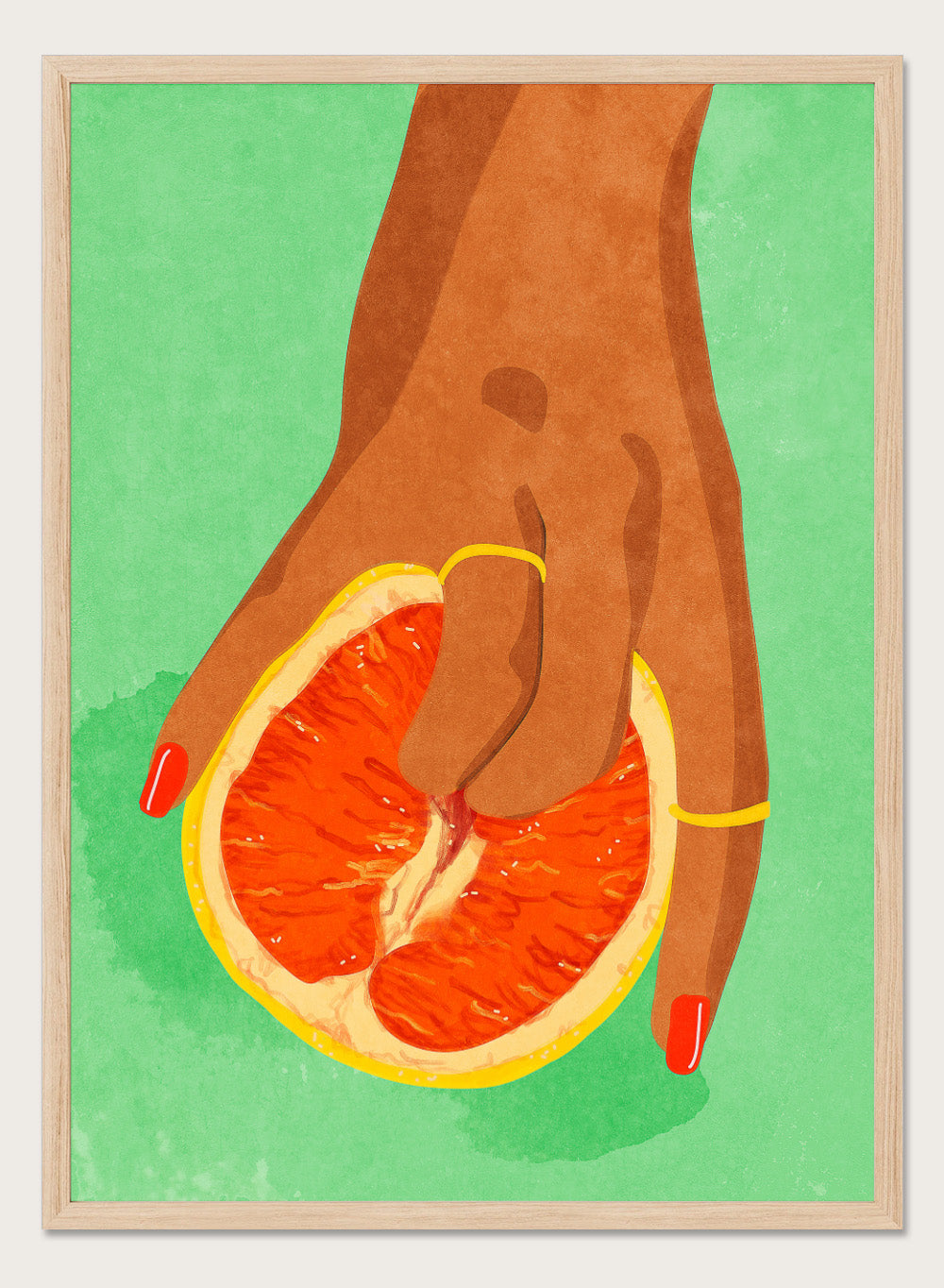 Illustration of a hand holding a sliced orange against a green background. Fruit Lover wall art print by Raissa Oltmanns blends playful citrus and intimate symbolism in a contemporary modern aesthetic poster.