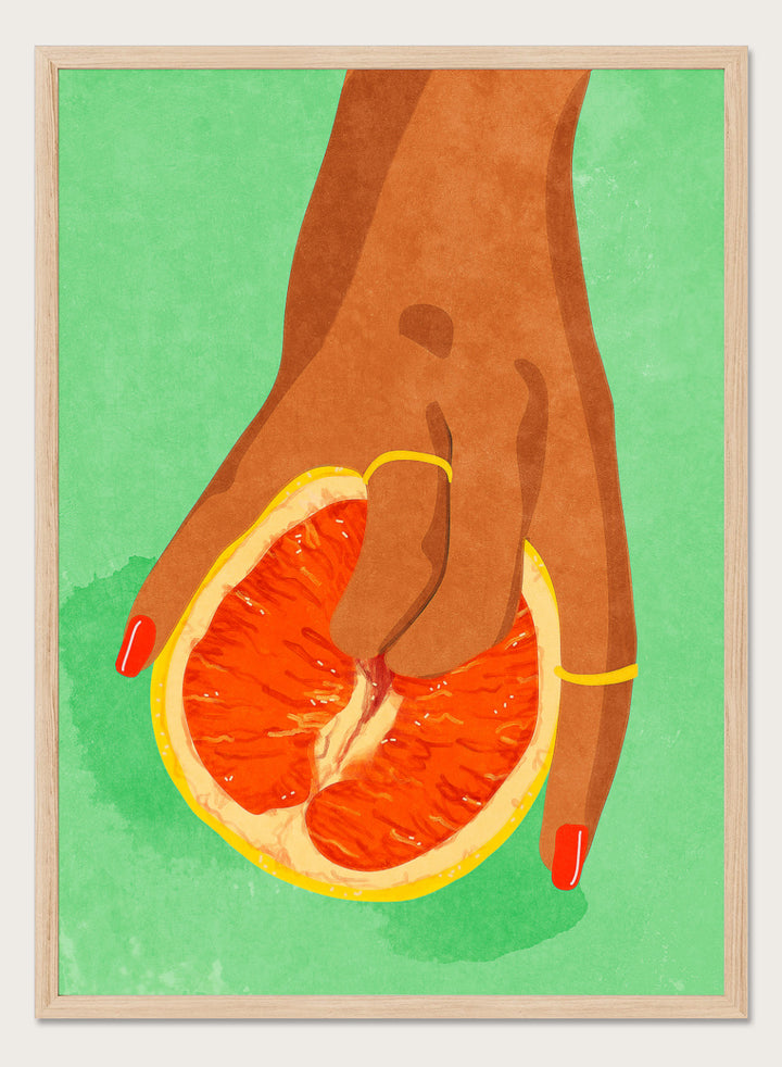 Illustration of a hand holding a sliced orange against a green background. Fruit Lover wall art print by Raissa Oltmanns blends playful citrus and intimate symbolism in a contemporary modern aesthetic poster.