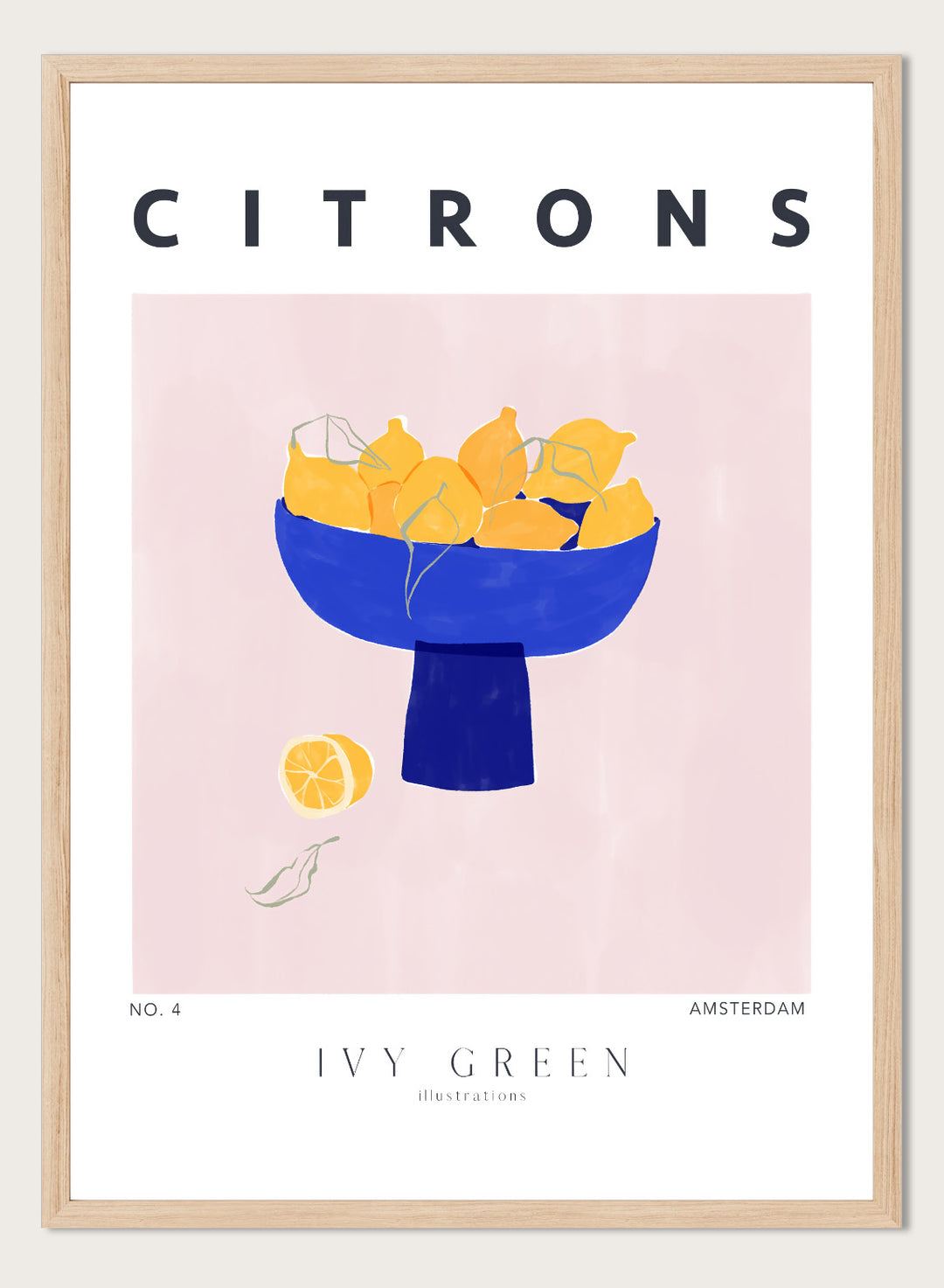 Illustration of lemons in a blue bowl on a pink background with 'Citrons' text and 'Ivy Green' branding. Citrons by Ivy Green lemon art print featuring bowl of lemons illustration, modern fruit poster design, and colorful contemporary kitchen wall art.