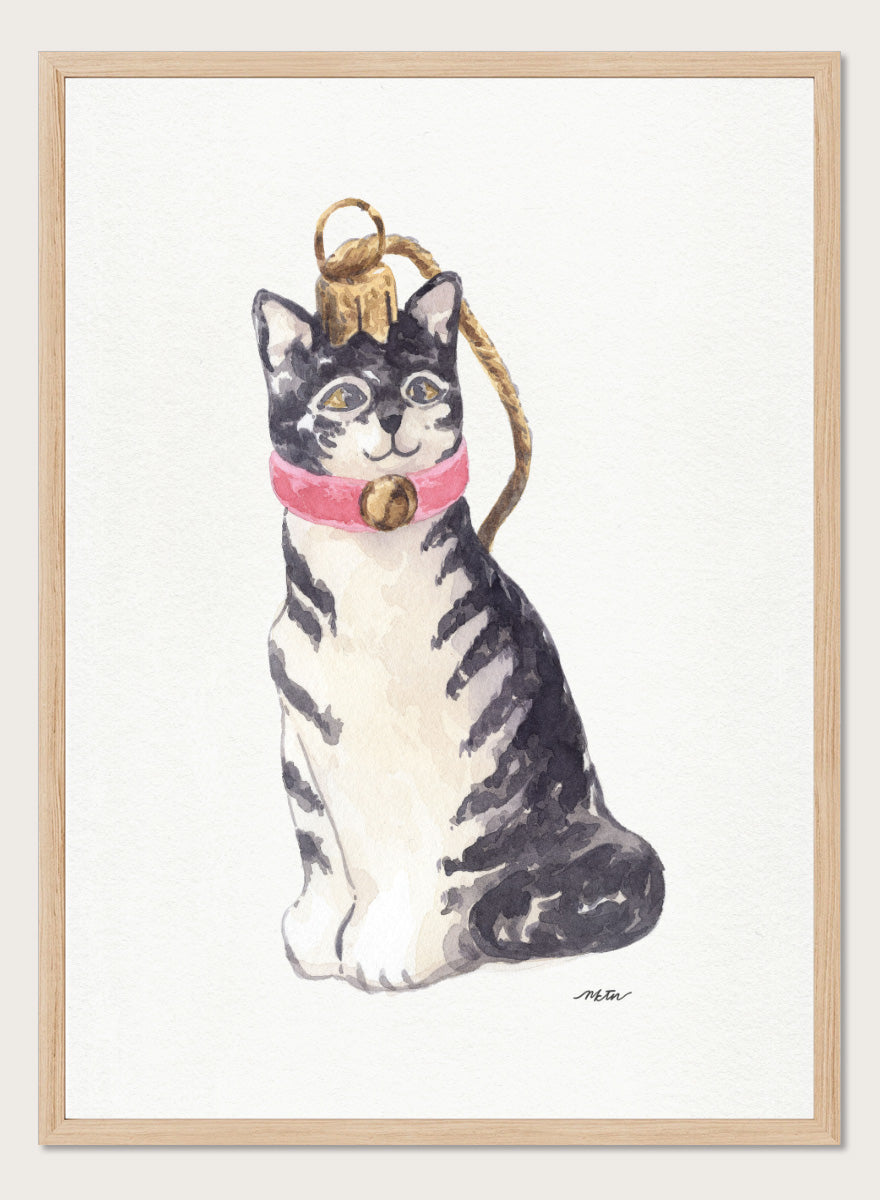 Shop Cute Tabby Ornament by NKTN, a festive cat wall art print poster featuring a gray tabby in a pink collar with a gold bell and Christmas ornament detail.