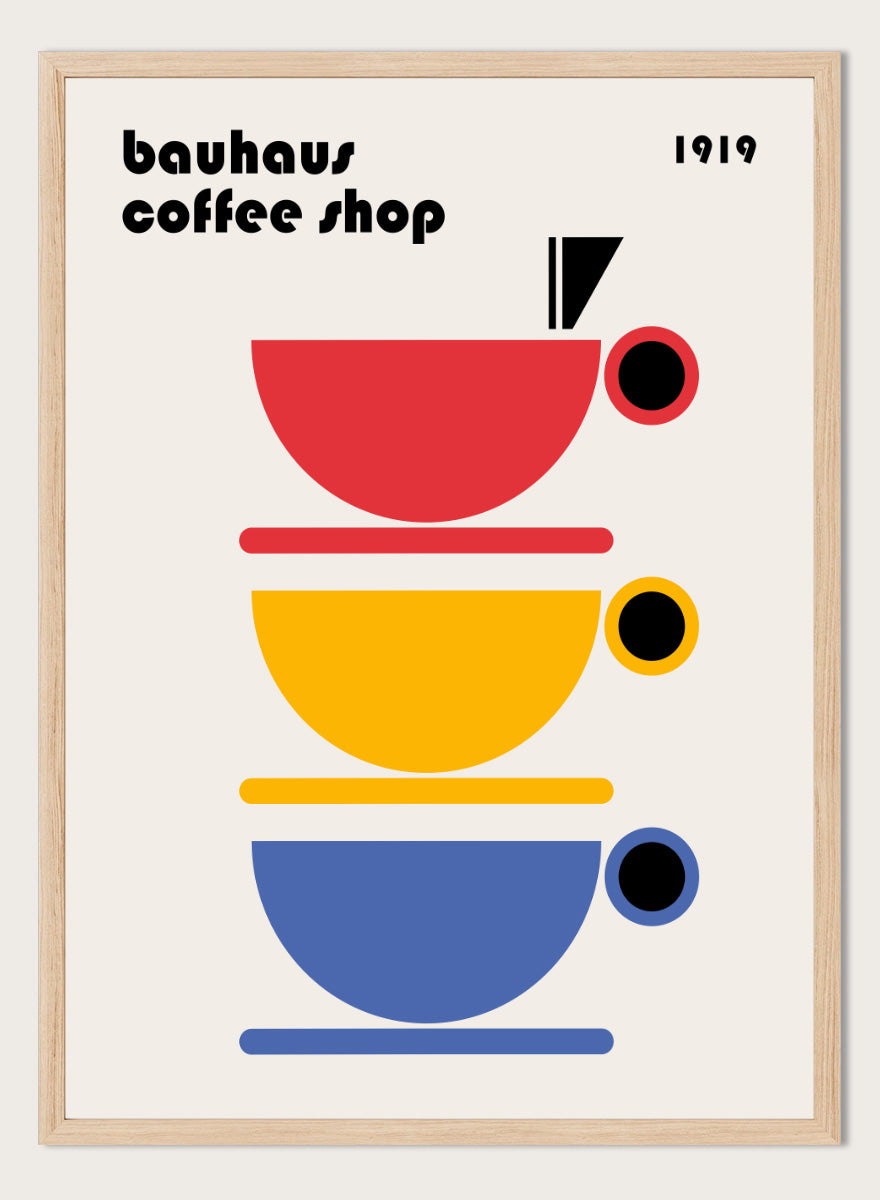 Bauhaus Coffee Cups by Retrodrome kitchen art print featuring stacked red, yellow, and blue coffee cups with bold Bauhaus-inspired design.