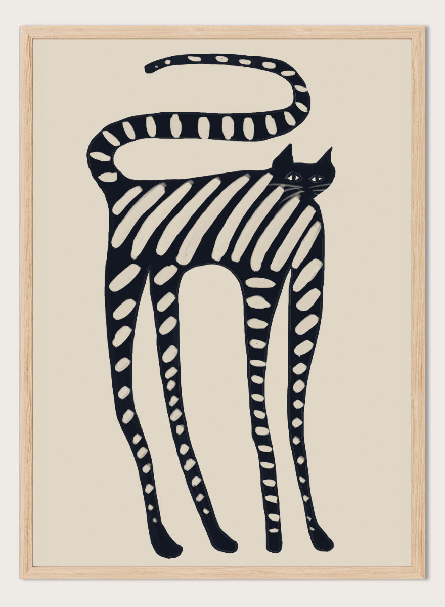 A stylized black cat illustration with bold diagonal stripes and white oval spots on a warm beige background. Striped Whimsical Cat by The Art Concept playful cat art print featuring an elongated black cat with cream stripes and an oversized looping tail.