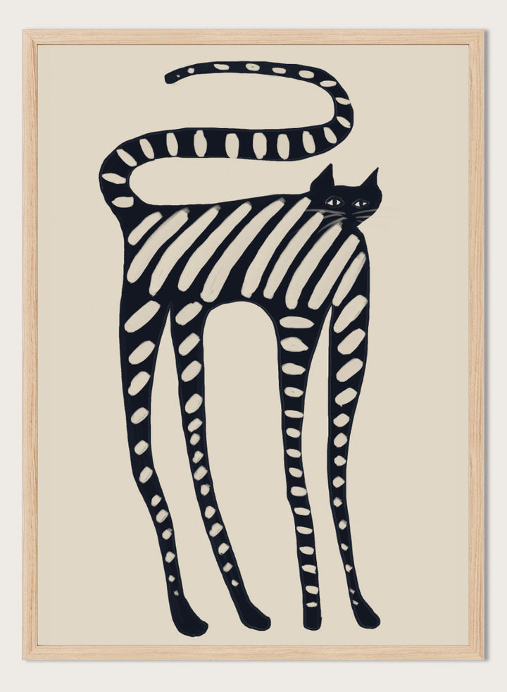 A stylized black cat illustration with bold diagonal stripes and white oval spots on a warm beige background. Striped Whimsical Cat by The Art Concept playful cat art print featuring an elongated black cat with cream stripes and an oversized looping tail.