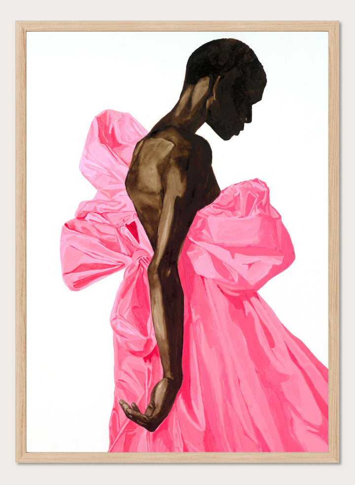 Shop Vibrant Pink Bow Dress by Sophia Novosel, a modern fashion wall art print poster featuring a woman in a dramatic pink dress with oversized bows.
