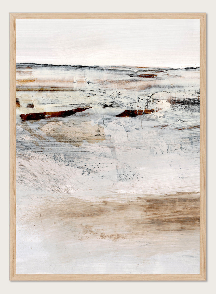 Shop August No. 01 by Dan Hobday, an abstract landscape art print featuring soft neutral tones, rust accents, layered brushwork, and an open windswept feel.