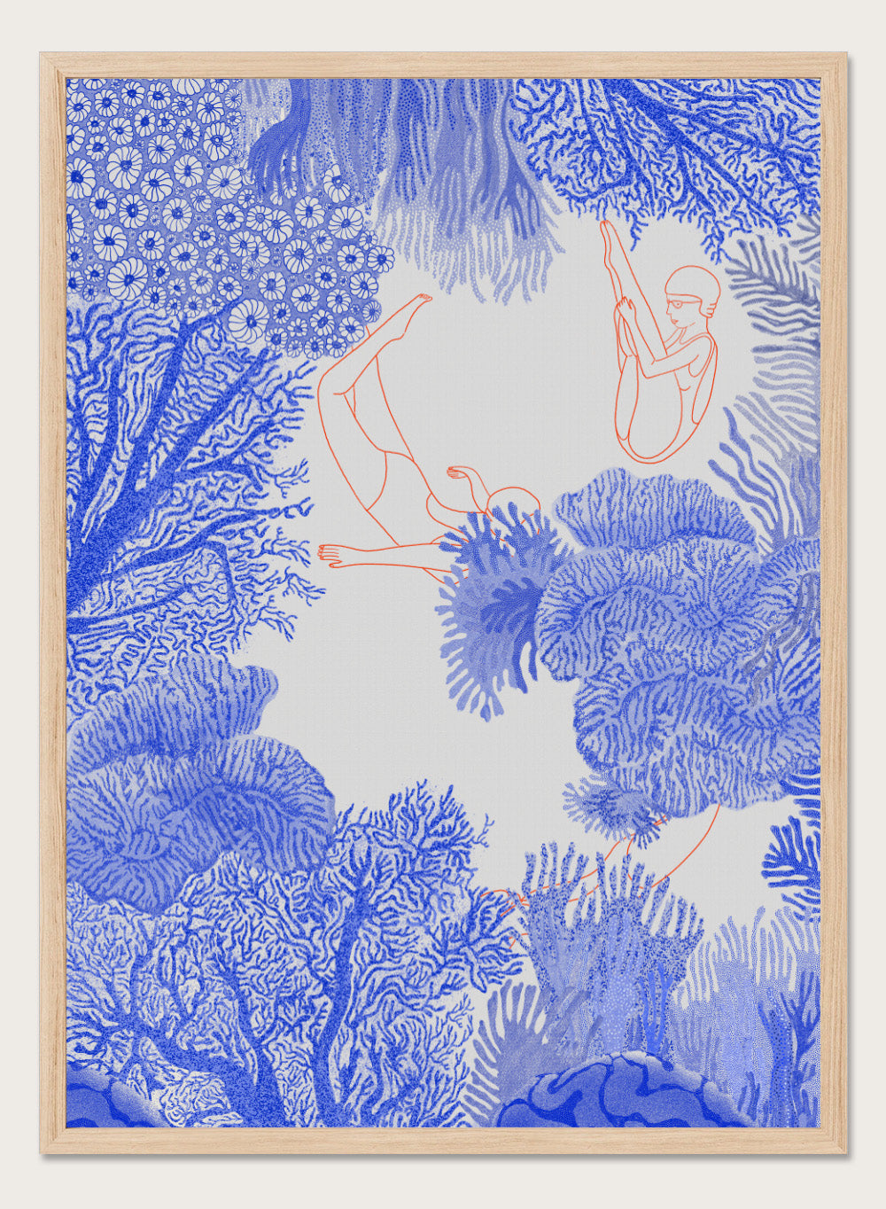 Illustration of people climbing on coral with blue and white patterns. Underwater by Jota de Jai is a modern blue wall art print of swimmers drifting through an ocean coral illustration, available as a premium fine art poster with optional wood framing.
