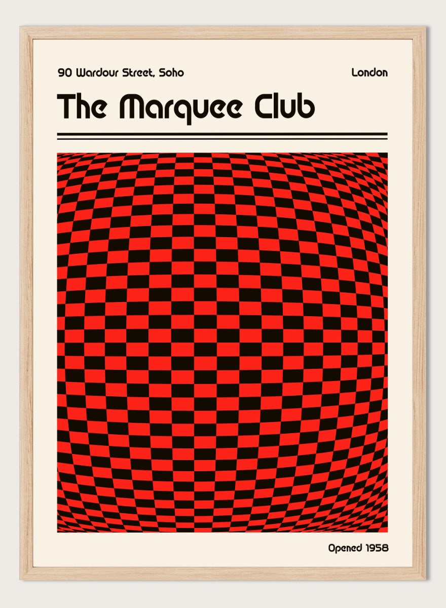 A poster-style graphic for The Marquee Club with a large red-and-black checkered optical illusion panel, black text reading &