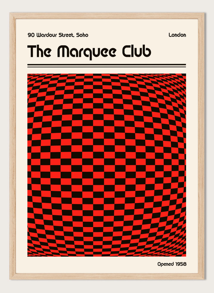 A poster-style graphic for The Marquee Club with a large red-and-black checkered optical illusion panel, black text reading &