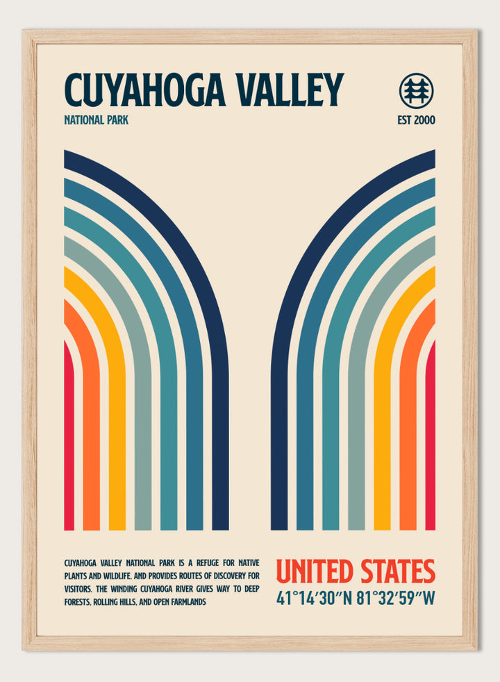 A retro-style poster for Cuyahoga Valley National Park featuring symmetrical rainbow arches in blue, teal, green, yellow, orange, and red on a cream background, with text reading &