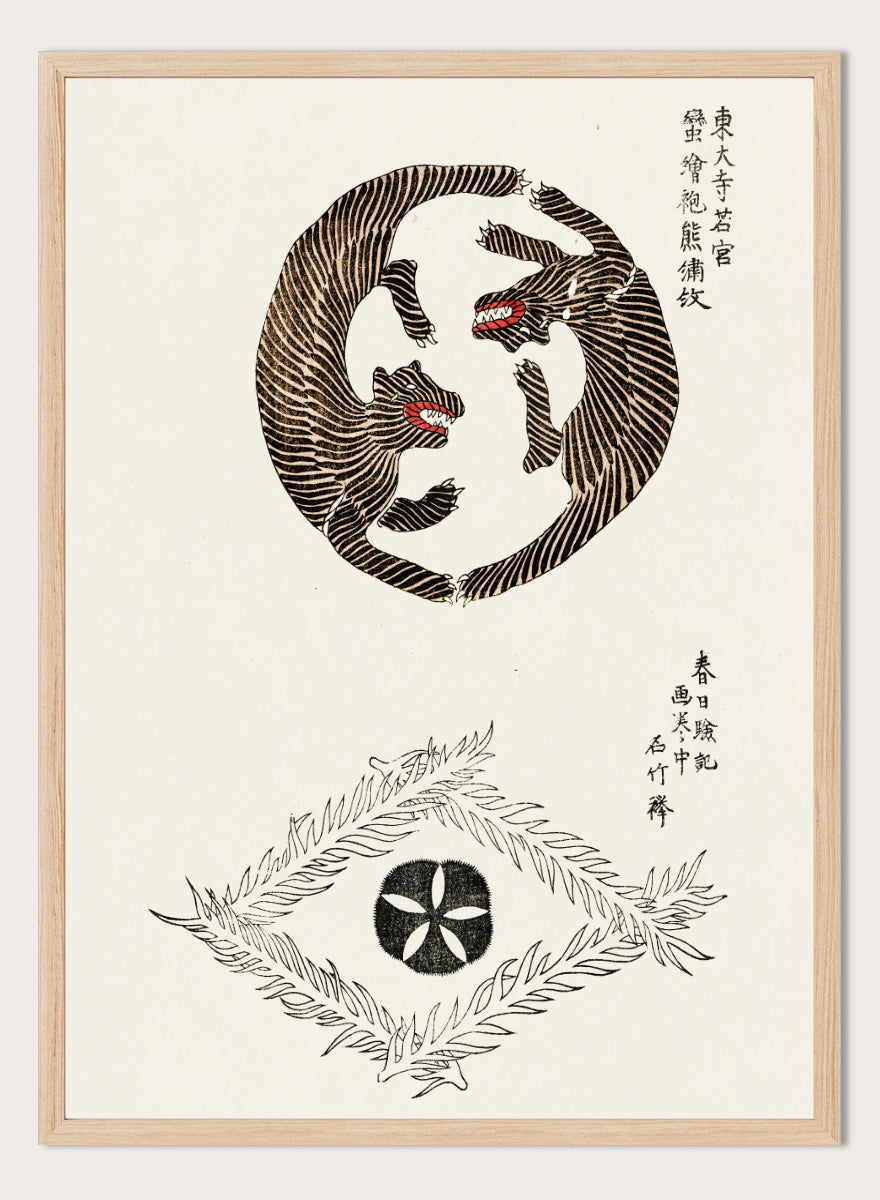 Tigers Yatsuo no Tsubaki by Taguchi Tomoki is a vintage Japanese art print featuring striped tigers, floral motifs, and traditional woodblock illustration.