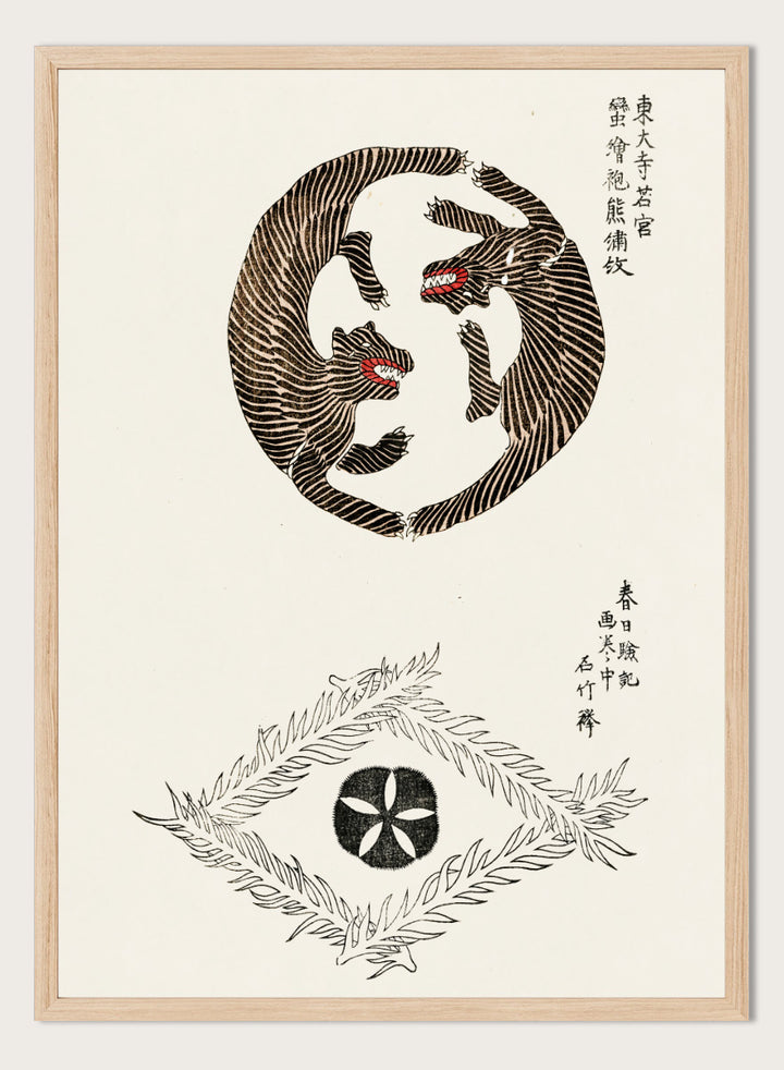 Tigers Yatsuo no Tsubaki by Taguchi Tomoki is a vintage Japanese art print featuring striped tigers, floral motifs, and traditional woodblock illustration.
