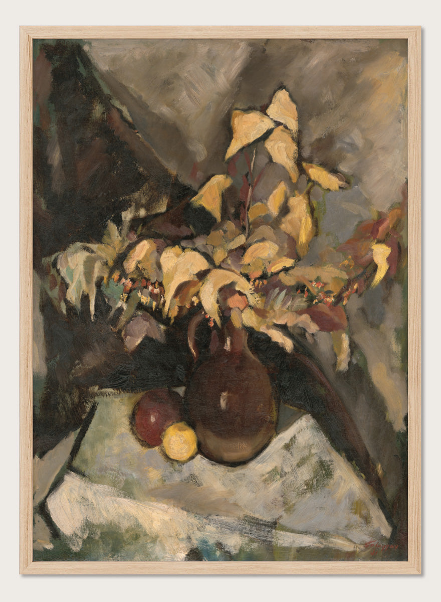 Shop Autumn Still Life by Zolo Palugyay, a vintage still life wall art print poster featuring autumn leaves, fruit, and flowers in warm brown tones.