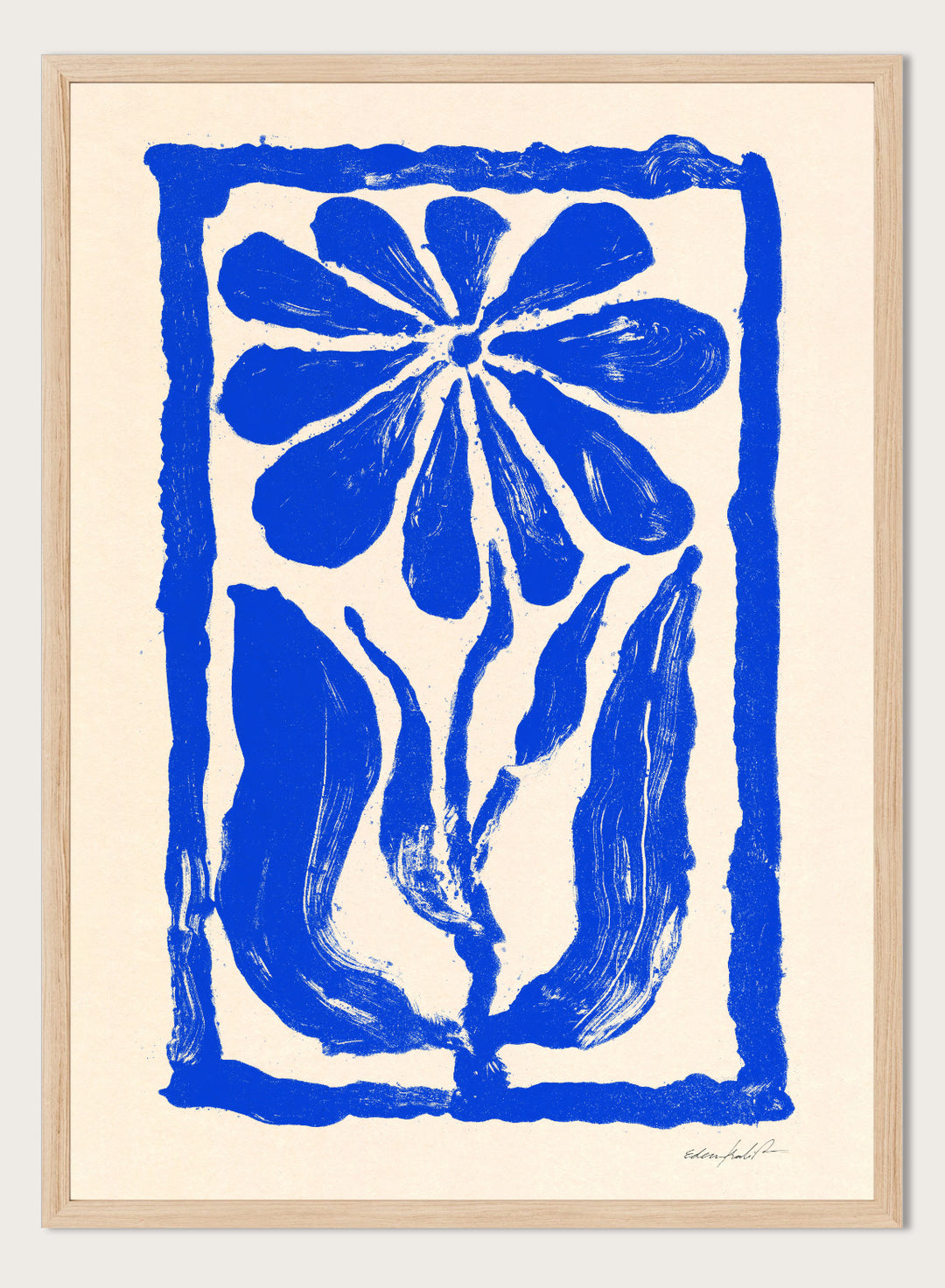 Blue floral design on a beige background. Blue Bloom by Eden Kalif is a modern floral art print featuring bold blue flower forms and graphic composition in a contemporary wall poster design.