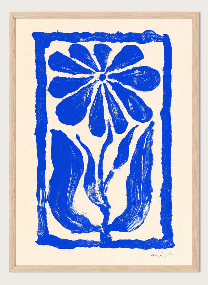 Blue floral design on a beige background. Blue Bloom by Eden Kalif is a modern floral art print featuring bold blue flower forms and graphic composition in a contemporary wall poster design.