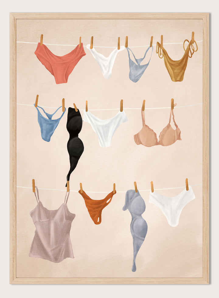 Colorful lingerie hanging on a line against a beige background. Lingerie On The Line by Flow Line is a playful summer art print featuring colorful garments drying in the sun, perfect for bedrooms, dressing rooms, and modern interiors.
