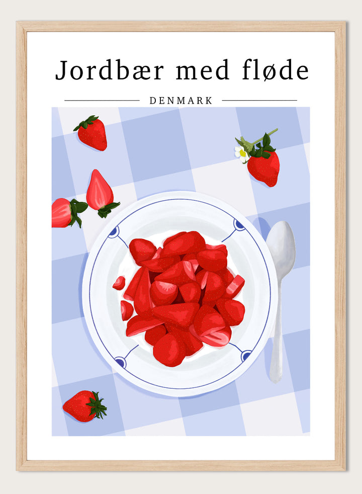 Illustration of strawberries with cream on a plate with a checkered tablecloth, featuring Danish text. Strawberries with Cream by ByKammille is a modern food art print featuring red strawberries in a bowl, clean graphic style with a fresh aesthetic poster design.