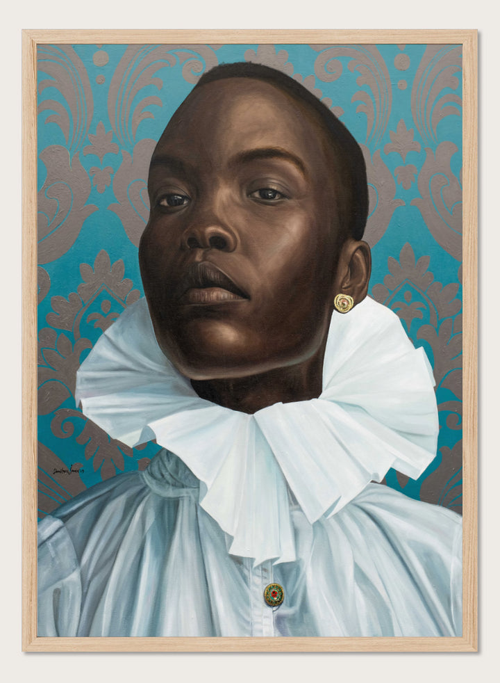 A portrait painting of a Black man with a shaved head, wearing a large white ruffled collar and light blue shirt, set against a teal and gold damask patterned background. Shop Regal Woman Ruff Collar by Damilare Jamiu, a contemporary portrait wall art print featuring a regal woman, dramatic white ruff collar, and rich teal tones.