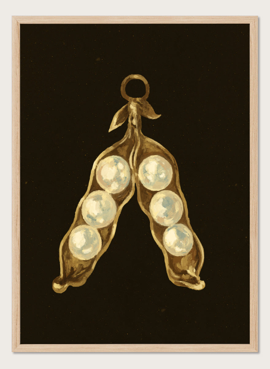 Shop Golden Pea Pod Pearls Ornament by NKTN, a whimsical Christmas wall art print poster featuring golden pea pods, pearl-like peas, and vintage ornament style.