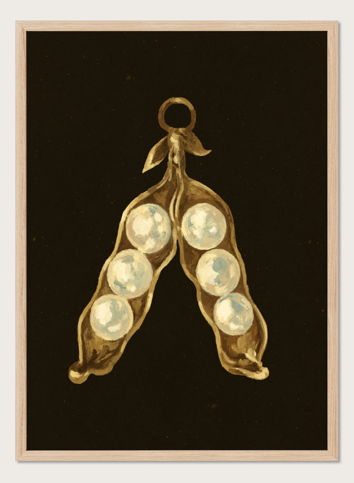 Shop Golden Pea Pod Pearls Ornament by NKTN, a whimsical Christmas wall art print poster featuring golden pea pods, pearl-like peas, and vintage ornament style.