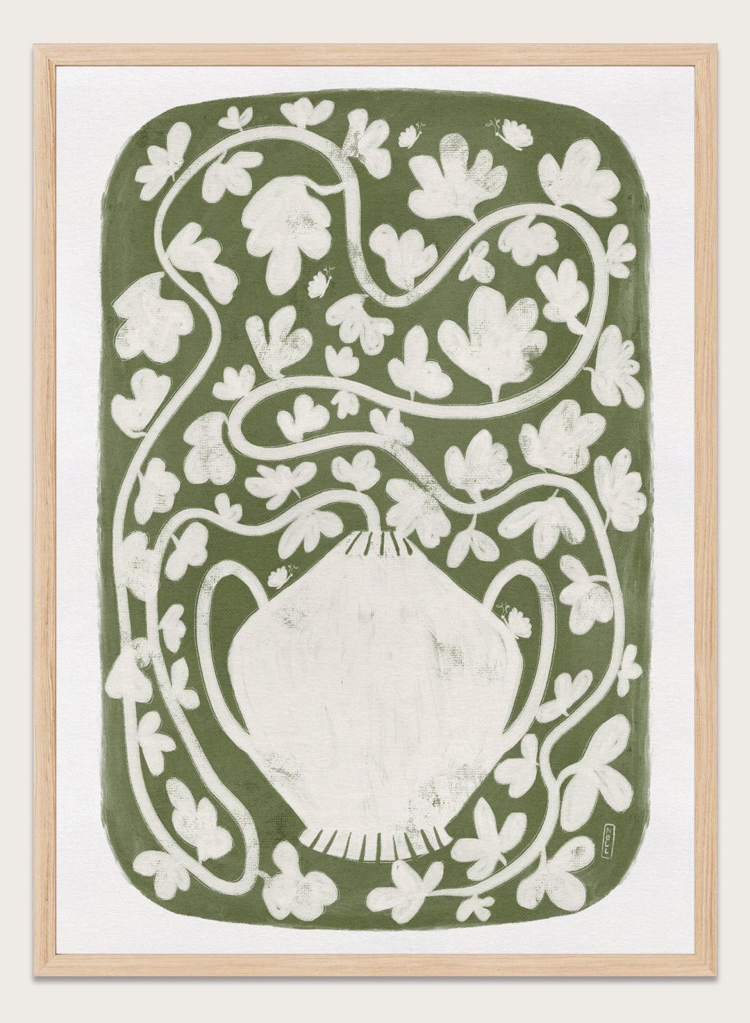 Winding Botanical Vase by Dirkie Nell is a modern folk art print featuring botanical vines, olive green tones, and hand drawn Scandinavian inspired wall art.