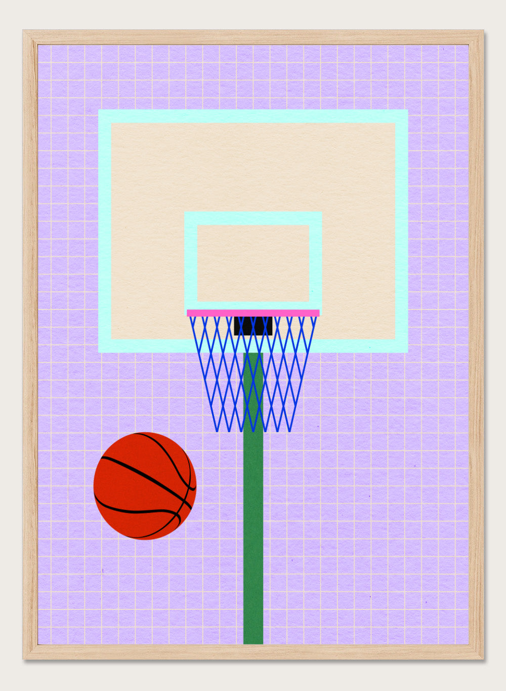 Basketball and hoop on a grid background. New York Basketball by Rosi Feist is a modern minimalist sports art print with bold graphic color and Bauhaus-inspired design. Officially licensed fine art poster with framing.