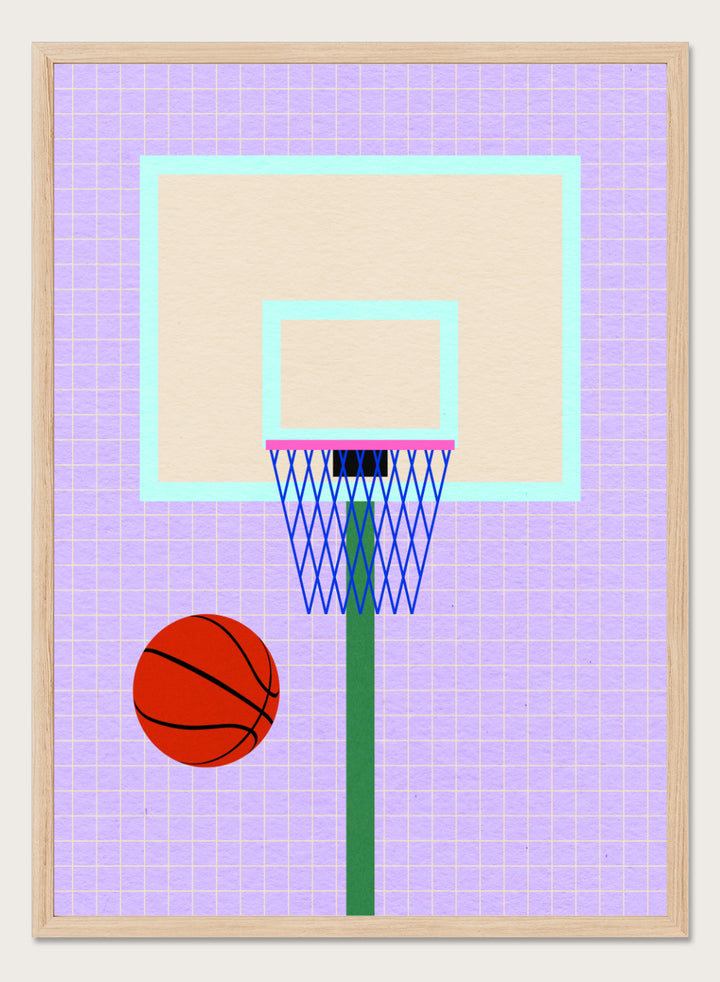 Basketball and hoop on a grid background. New York Basketball by Rosi Feist is a modern minimalist sports art print with bold graphic color and Bauhaus-inspired design. Officially licensed fine art poster with framing.