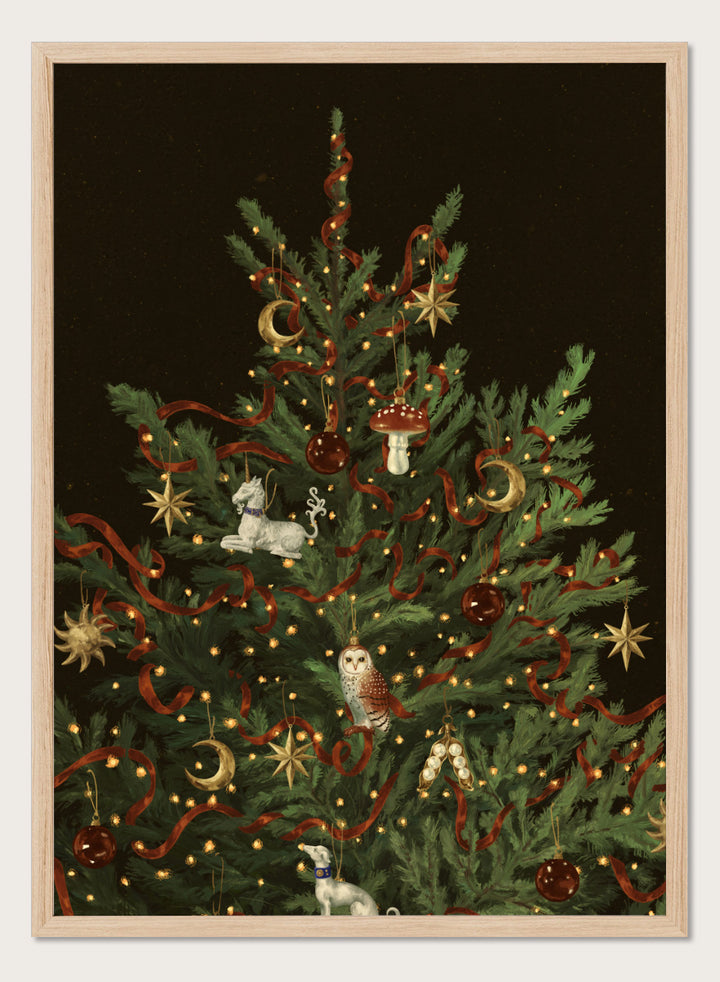 Shop Whimsical Christmas Tree by NKTN, a festive Christmas wall art print poster featuring woodland ornaments, red ribbon, stars, moons, and glowing lights.