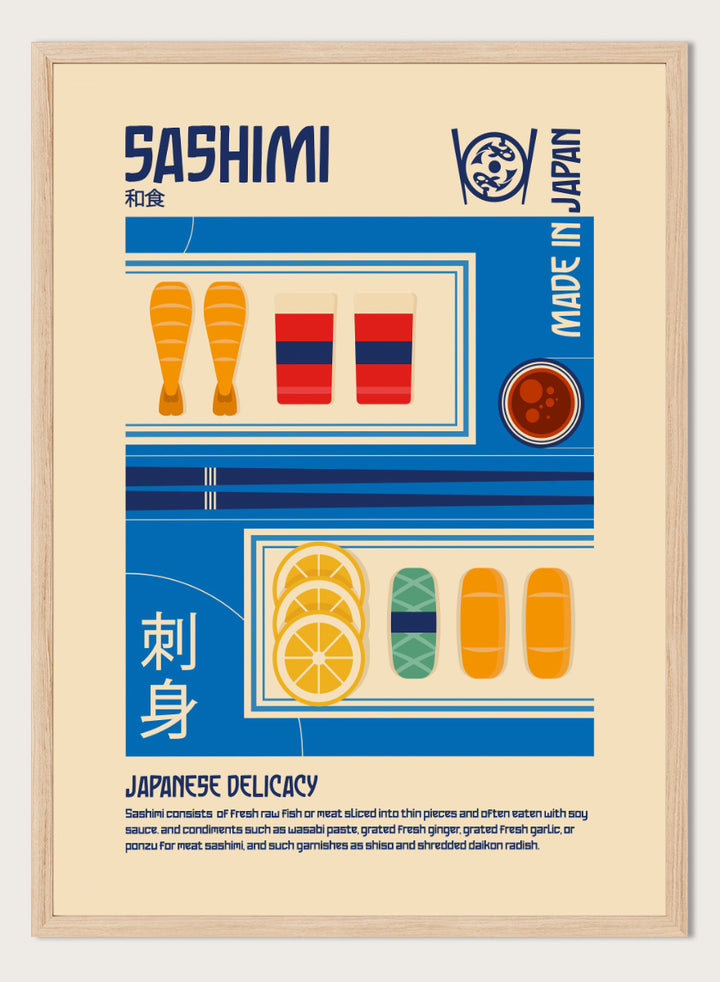 A stylized travel poster of Japanese Sashimi, featuring flat vector illustrations of raw fish, washi tape, soy sauce, and lemon slices on a beige background with blue and white graphic panels. Japanese Sashimi Delicacy by Retrodrome kitchen art print featuring sashimi, soy sauce, citrus, bold retro typography, and vintage Japanese-inspired design.