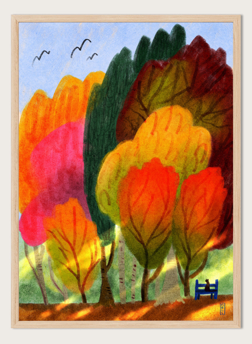 A colorful abstract landscape painting featuring stylized trees in shades of orange, yellow, red, green, and pink under a light blue sky with birds. Shop Cat On a Park Bench and Autumn Trees by Dirkie Nell, a colorful autumn landscape and animal art print featuring a black cat, park bench, and vivid fall trees.