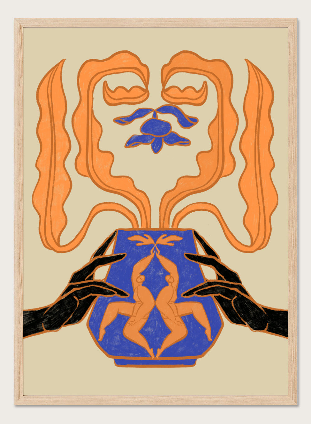 Decorative design with hands holding a vase featuring abstract floral patterns on a beige background. Vessel Collection: New Beginnings by Arty Guava art print, modern vase wall poster with mirrored figures, contemporary blue orange minimalist illustration.