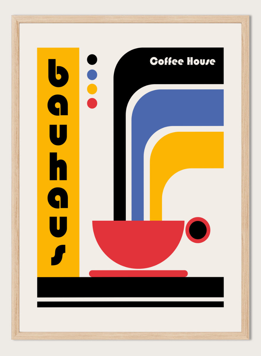 Bauhaus Coffee House by Retrodrome kitchen art print featuring a red coffee cup, bold geometric forms, retro typography, and Bauhaus-inspired color.