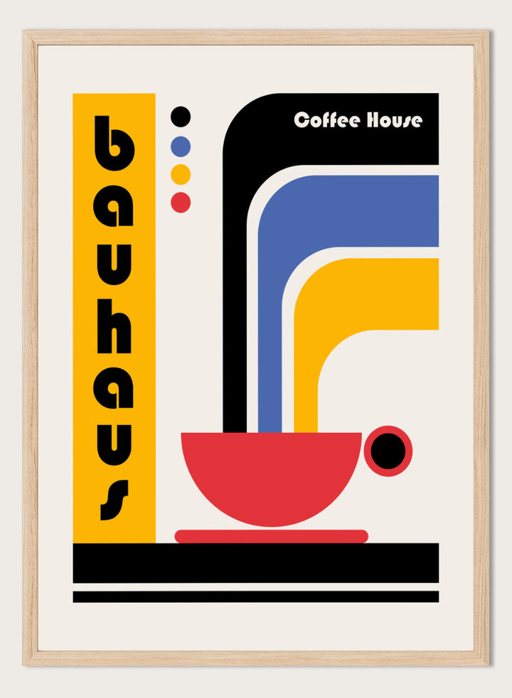 Bauhaus Coffee House by Retrodrome kitchen art print featuring a red coffee cup, bold geometric forms, retro typography, and Bauhaus-inspired color.
