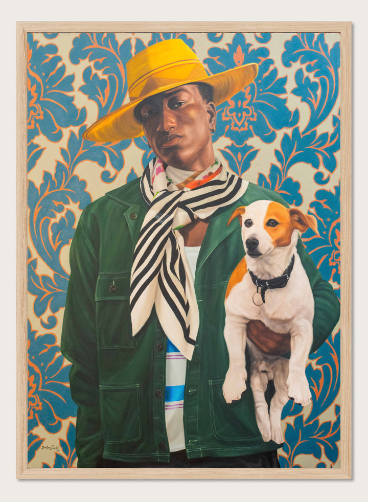 A stylized portrait painting of a person wearing a wide yellow hat, green jacket, and striped scarf, holding a white and tan dog against a blue and beige damask-patterned background. Shop Stylish Man and Dog by Damilare Jamiu, a contemporary figurative wall art print featuring a stylish man, small dog, bold fashion, and rich green and blue tones.