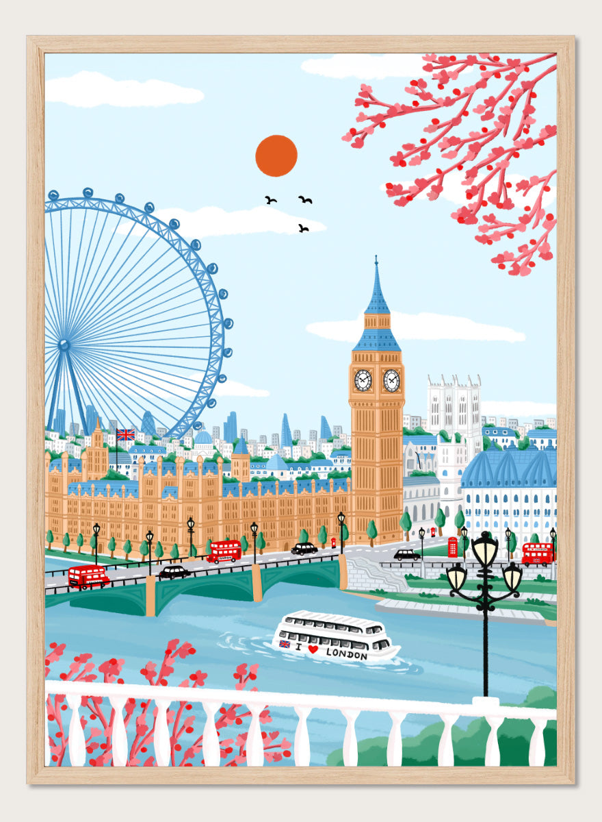 A colorful illustrated cityscape of London featuring Big Ben, the London Eye, red double-decker buses, a river boat, clouds, birds, and pink blossoms against a light blue sky. Shop Spring London Landmarks by Nidhi Kachhadiya, a colorful London wall art print featuring Big Ben, the London Eye, cherry blossoms, and bright spring city views.