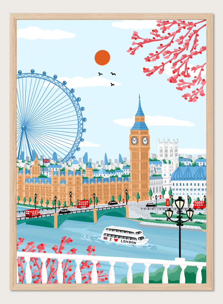 A colorful illustrated cityscape of London featuring Big Ben, the London Eye, red double-decker buses, a river boat, clouds, birds, and pink blossoms against a light blue sky. Shop Spring London Landmarks by Nidhi Kachhadiya, a colorful London wall art print featuring Big Ben, the London Eye, cherry blossoms, and bright spring city views.