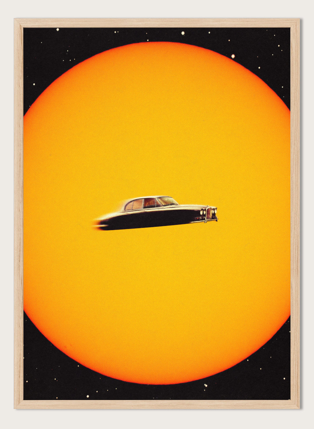 UFO-like vintage car on a yellow background. Space Chase by Taudalpoi surreal retro car in space art print with giant sun and vintage vehicle, cosmic collage sci fi poster wall art.