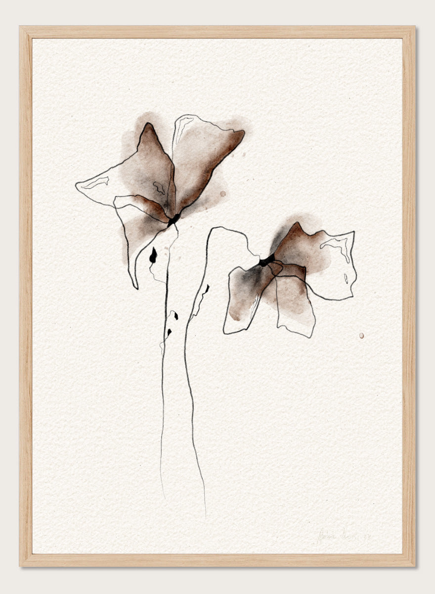 Minimalist watercolor and ink floral art print featuring two abstract flower shapes in brown and black tones on textured off-white paper. Shop Watercolor Botanical Blooms by Ankie Kooi, a modern floral wall art print poster with abstract botanical flowers, minimalist line art, brown, cream, and black.